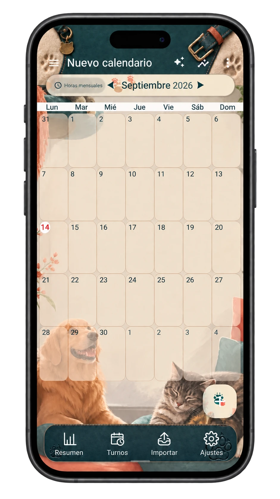 Vista previa real del calendario ShiftMate: tema Animales