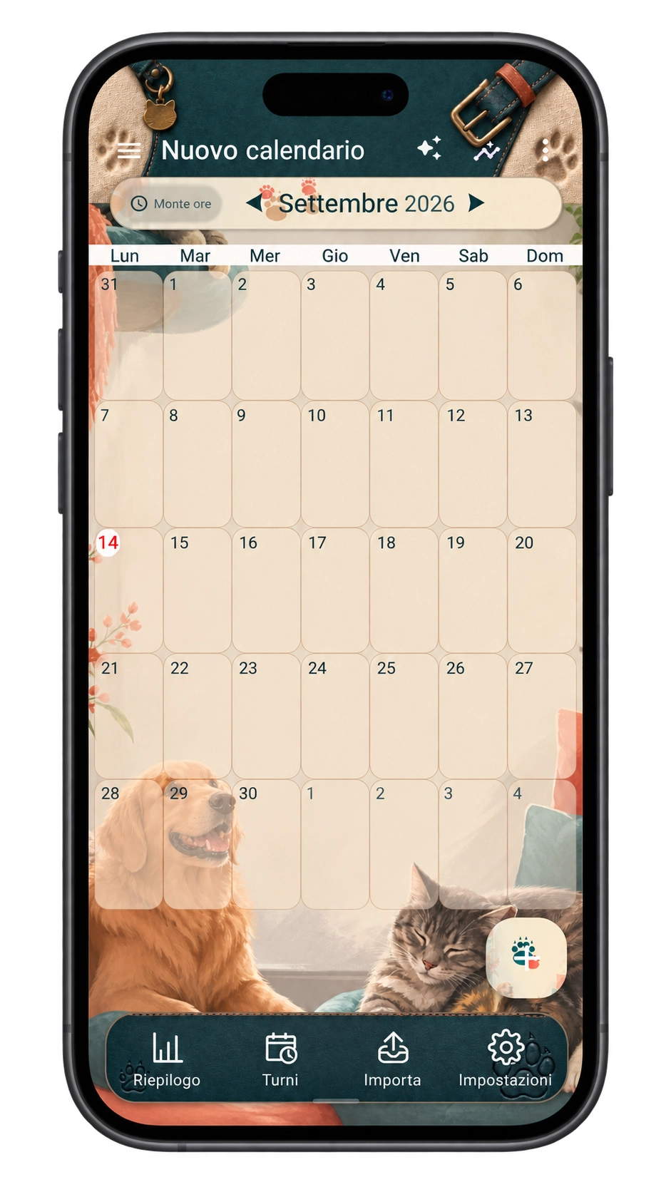 Anteprima reale del calendario ShiftMate: tema Animali