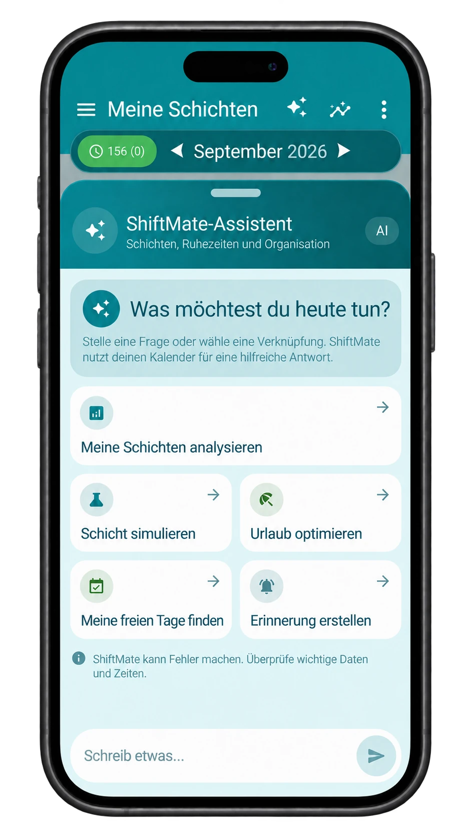 Original-Bildschirm von ShiftMate Assistant mit Werkzeugen zur Schicht- und Freizeitplanung