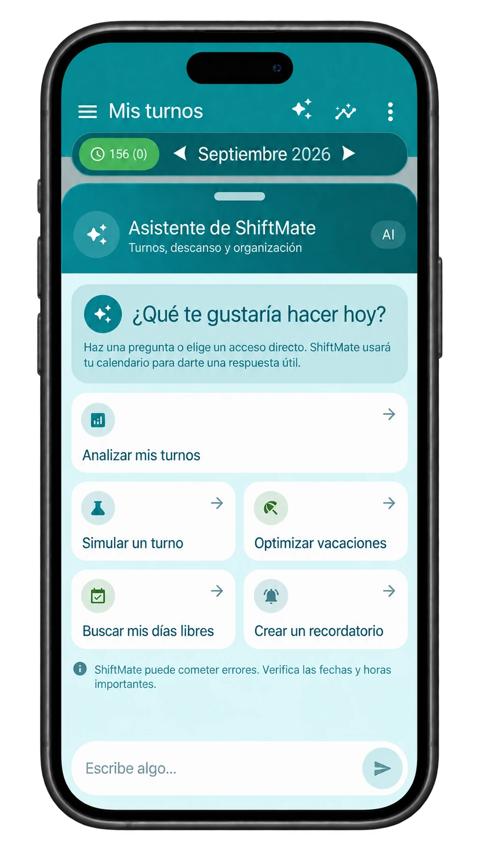 Pantalla real de ShiftMate Assistant con herramientas para organizar turnos y días libres