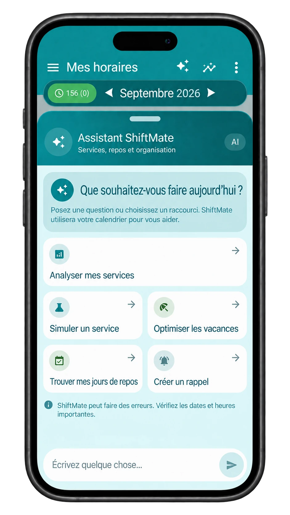 Écran réel de ShiftMate Assistant avec outils de planification des postes et des repos