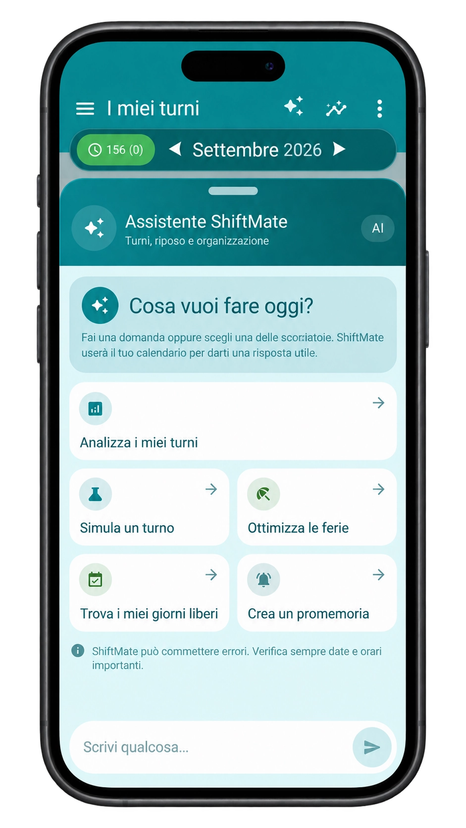 Schermata reale di ShiftMate Assistant con strumenti per organizzare turni e giorni liberi