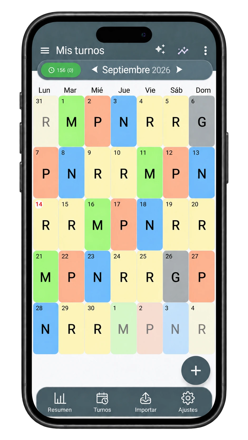 Vista previa real del calendario ShiftMate: tema Clásico