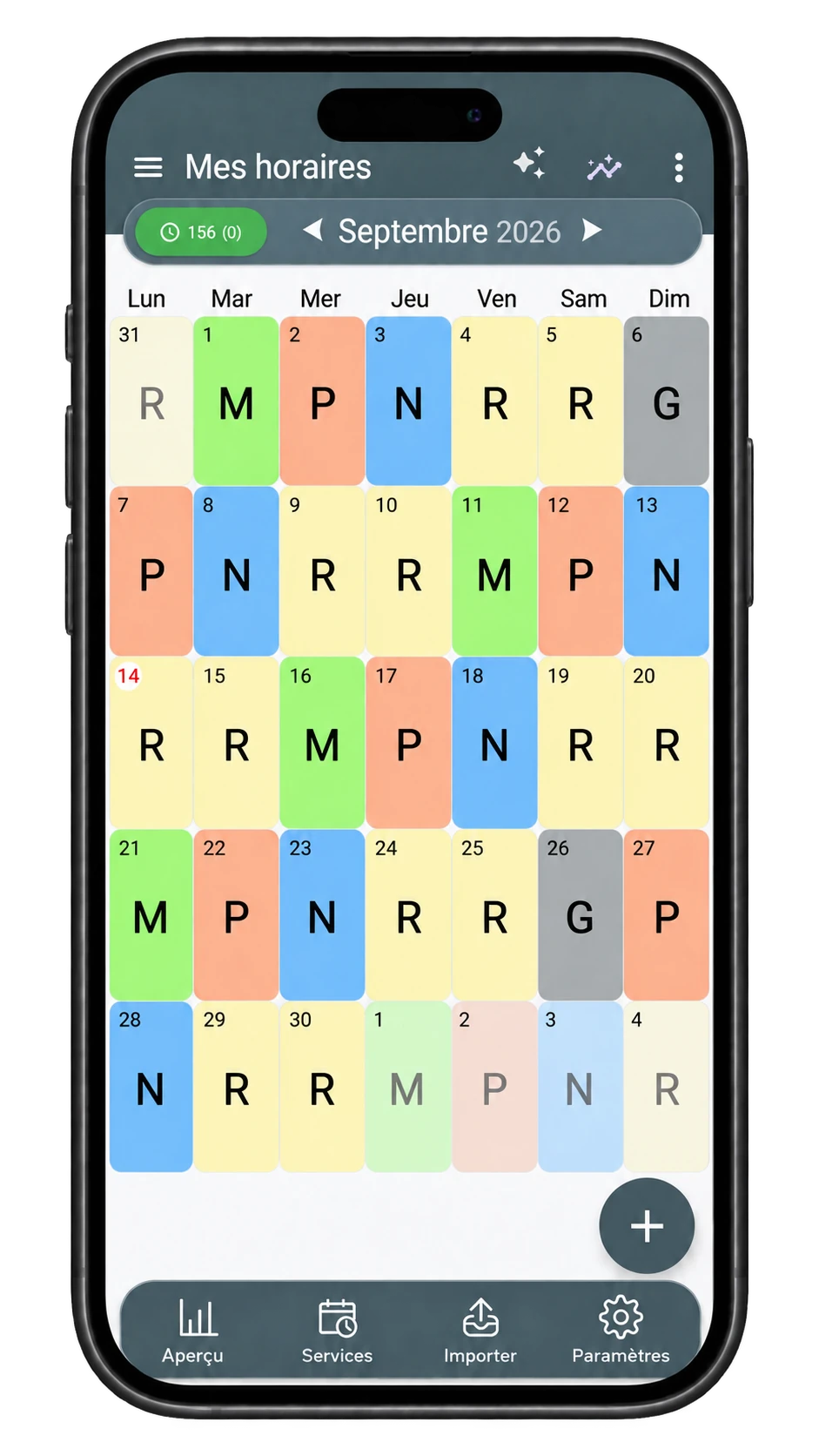 Aperçu réel du calendrier ShiftMate : thème Classique