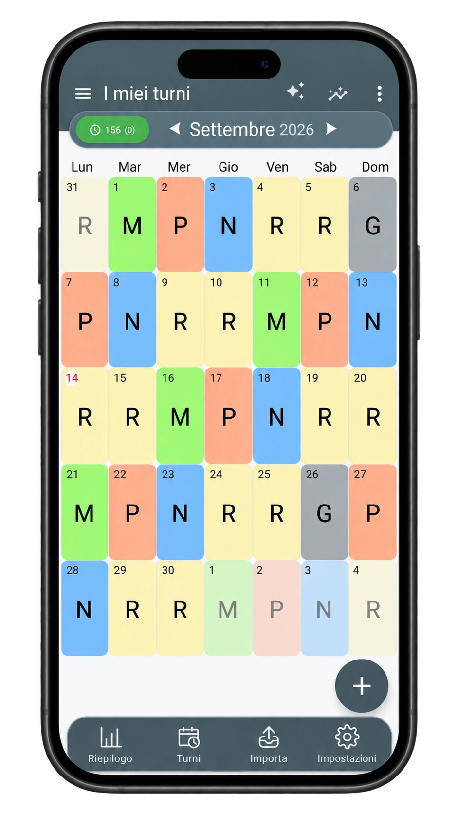 Anteprima reale del calendario ShiftMate: tema Classico