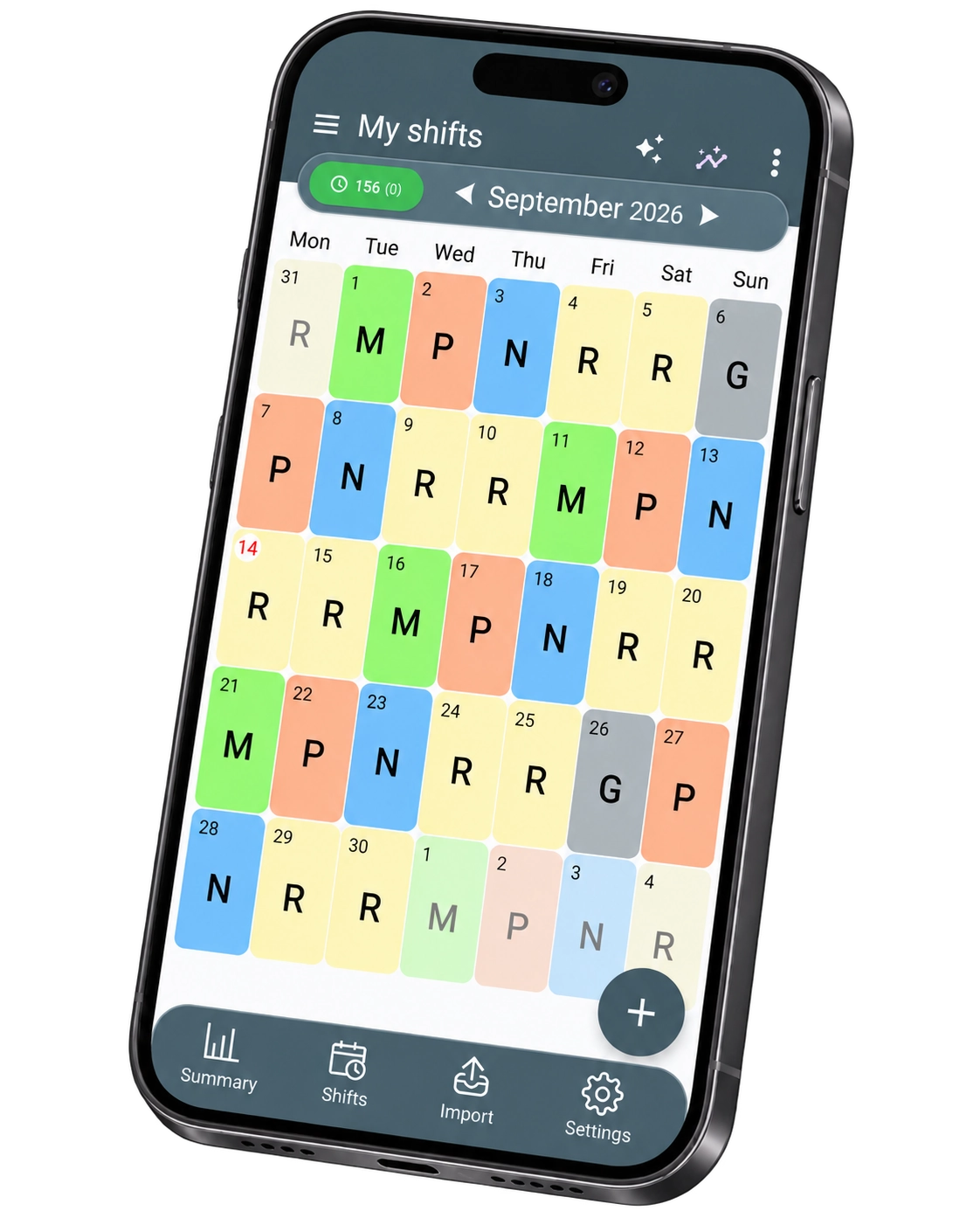 Real ShiftMate screenshot showing a calendar with colour-coded shifts