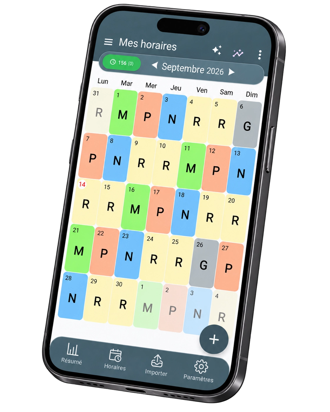 Capture réelle de ShiftMate montrant un calendrier et des postes en couleur