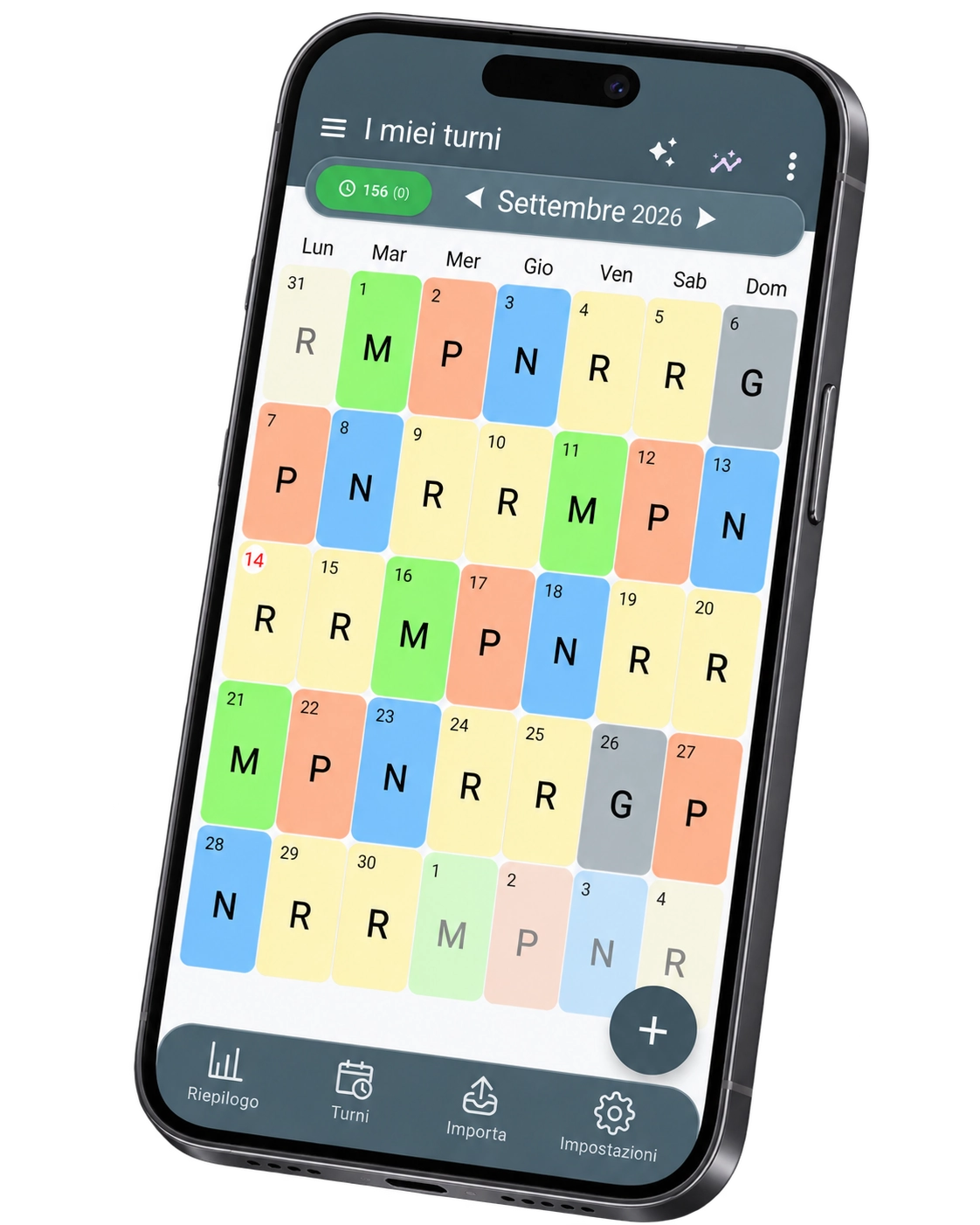 Schermata reale di ShiftMate con calendario e turni colorati