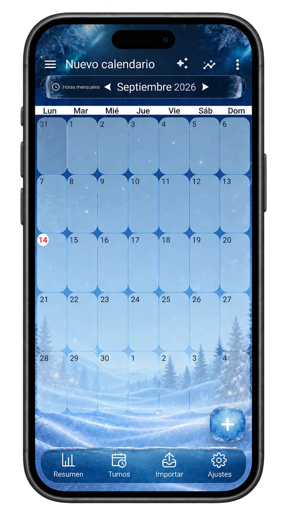 Vista previa real del calendario ShiftMate: tema Invierno