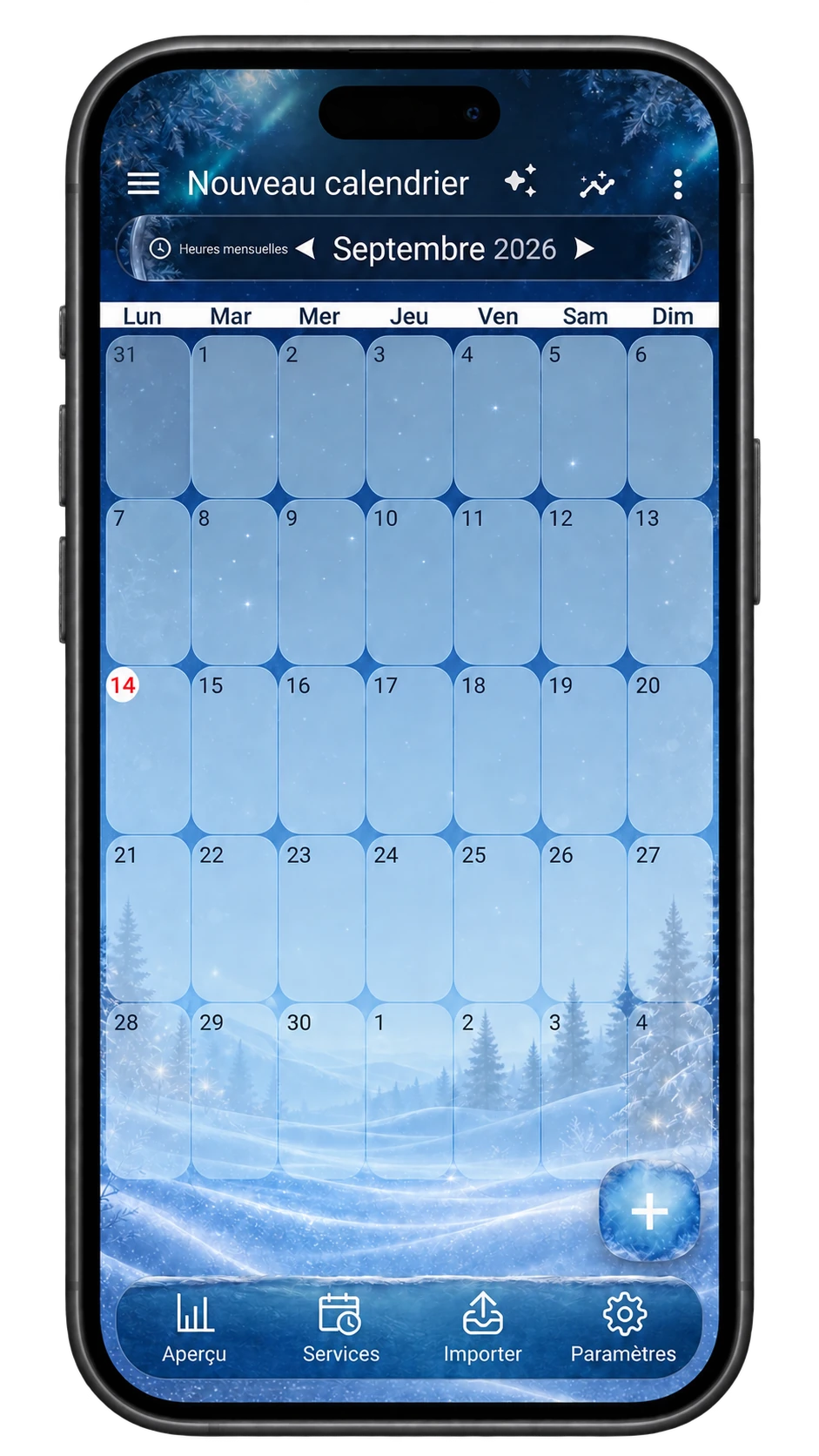 Aperçu réel du calendrier ShiftMate : thème Hiver