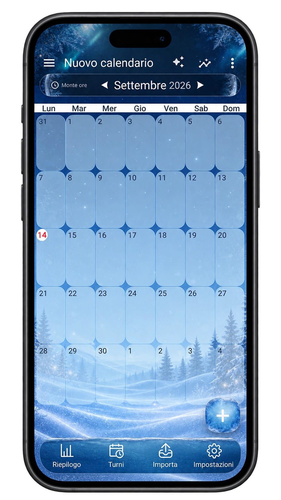 Anteprima reale del calendario ShiftMate: tema Inverno